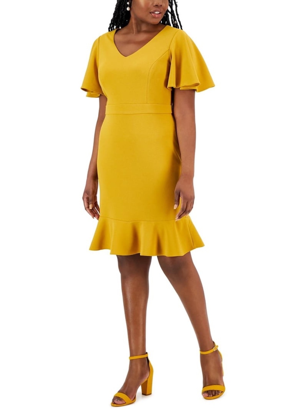 Kasper Mustard Yellow V-Neck Flutter-Sleeve Midi Dress
